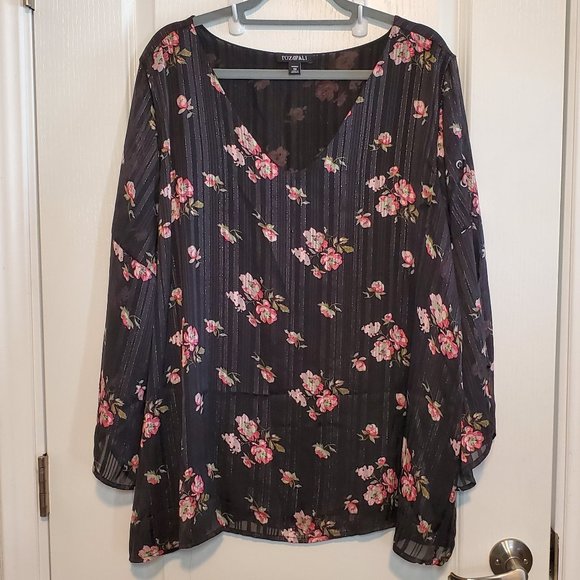 Roz & Ali Tops - NWOT Flowy Boho Top 3X Roz & Ali Black & Pink Floral Top